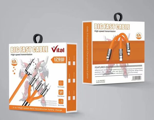 Vital 2 IN 3 High Speed Data Transmission Cable 6A 120W Power Max